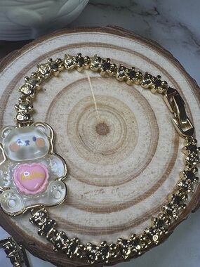 Gold laminated over stainless steel and Pink Bear Charm Bracelet